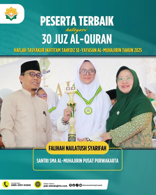 
					Hafidzah Qur’an Terbaik 30 Juz, Falihah Nailatush Syarifah, Santri Ponpes Al-Muhajirin Pusat (tengah) berfoto bersama Ketua Yayasan Al-Muhajirin, Dr. Hj. Ifa Faizah Rohmah, M.Pd., dan Kepala SMA MA Al-Muhajirin, KH. Rd. Marpu Muhidin Ilyas, MA di Haflah Tasyakur Ikhtitam Tahfizh Angkatan ke-IX, Sabtu 31 Mei 2025